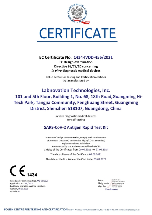 Passage rapide de kit d'essai du SARS-CoV-2 Antgen de Labnovation (pour l'Auto-essai) que le CE a délivré un certificat
